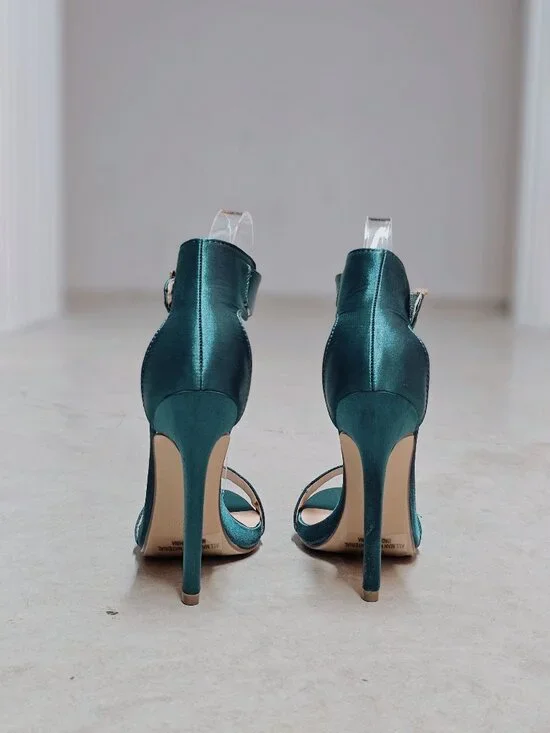 Teal Satin High Heel Sandals With Ankle Strap & Grommet Detail Womens - Picture 9 of 13